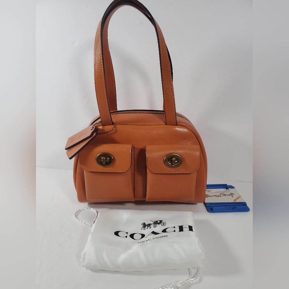 Coach Twin Turnlock Bag 20 in Dark Brass/Toffee Waxed Full Grain Leather NWT